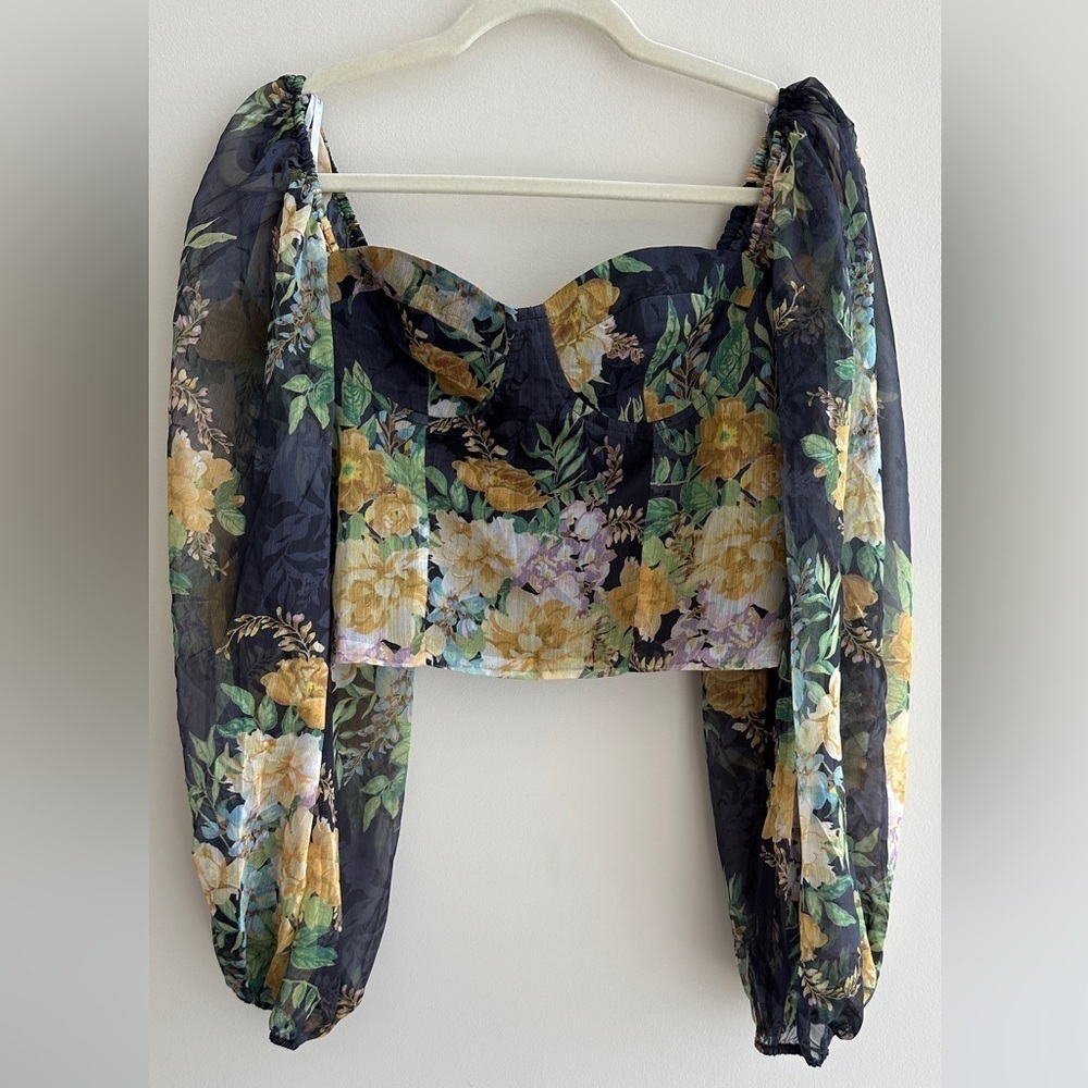 Lulu’s Floral Puff Sleeve Corset Crop Top, Smocked Sweetheart Blouse, Small
